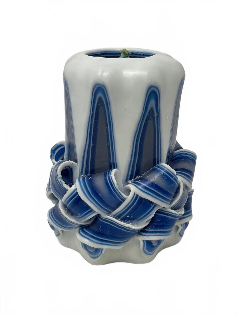 Vintage Hand Swirled Carved Wax Candle Blue White Ribbon Twist Pillar Art